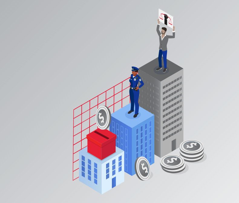 Illustration of buildings with a police officer, money and person holding sign with scales of justice standing on top