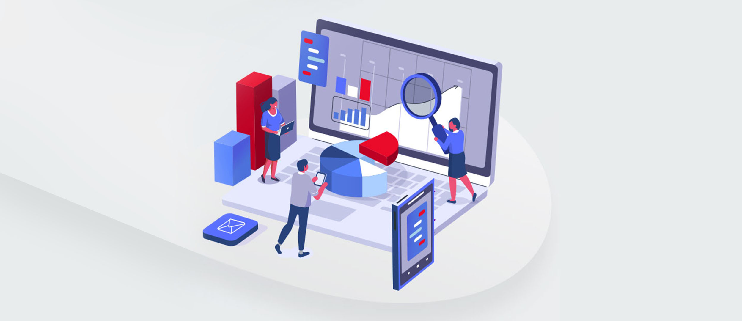 Illustration of a laptop with people, charts and communication icons