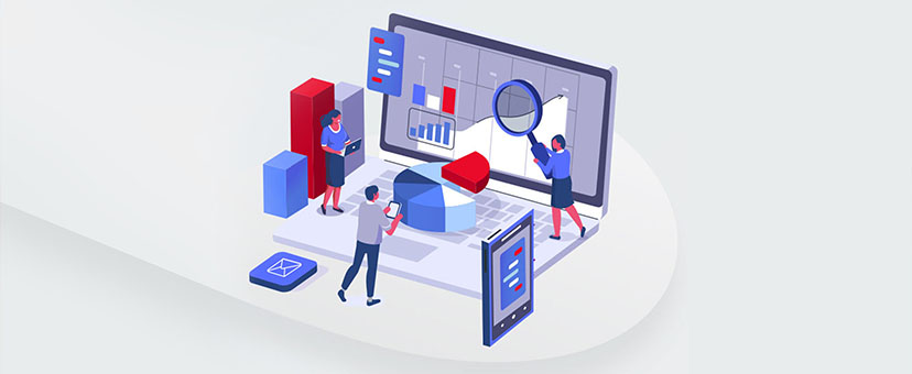 Illustration of a laptop with people, charts and communication icons
